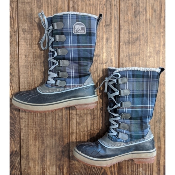 Sorel Tivoli Tall Blue Plaid Boots Waterproof - Picture 2 of 8